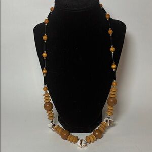 Long Single Strand Wooden Beaded and Shell Bohemian Necklace 26”